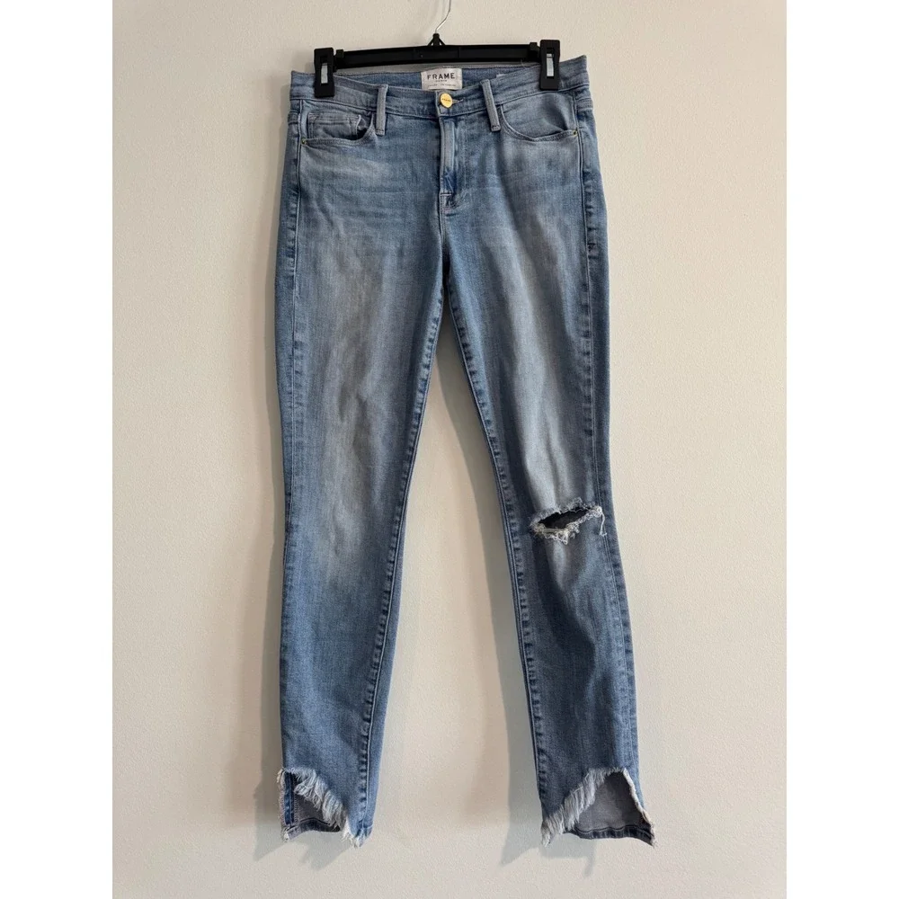 FRAME Le Skinny de Jeanne‎ Women 28 Light Blue Distressed Stepped Frayed Hem